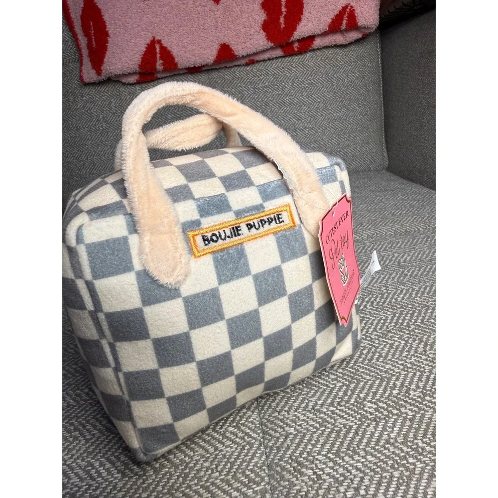 Simply Southern Boujie Puppie Plush Dog Toy Grey Checkered Handbag Squeaky NEW